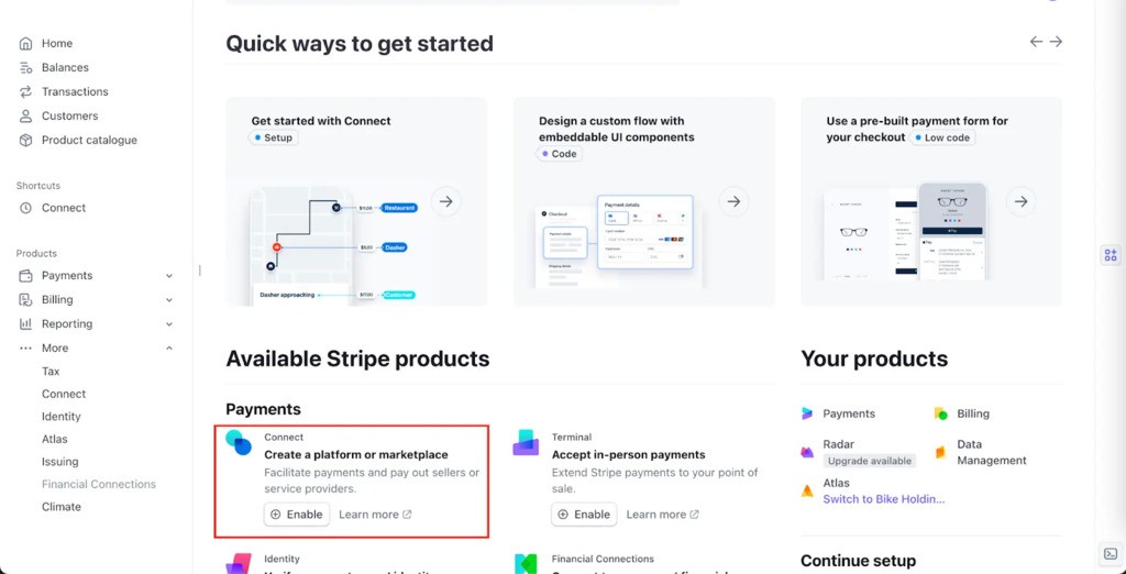 step one in creating stripe account in payments menu