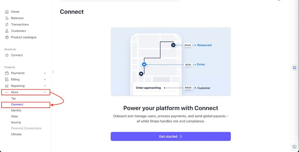 step one in creating stripe account in side menu