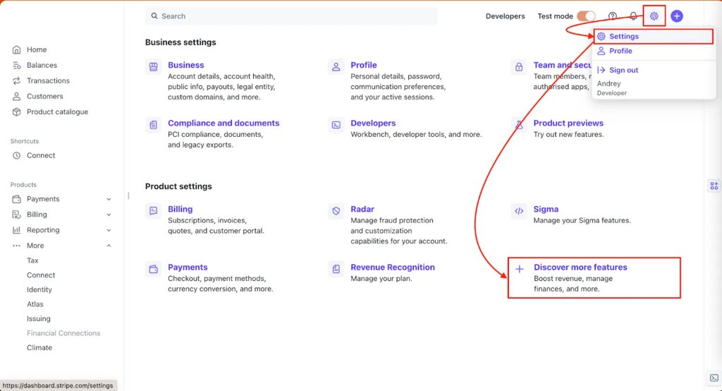 step one in creating stripe account in top bar