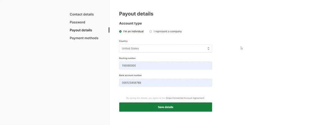 open stripe account step one enter bank info
