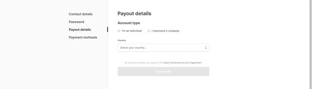 open stripe account step one select country