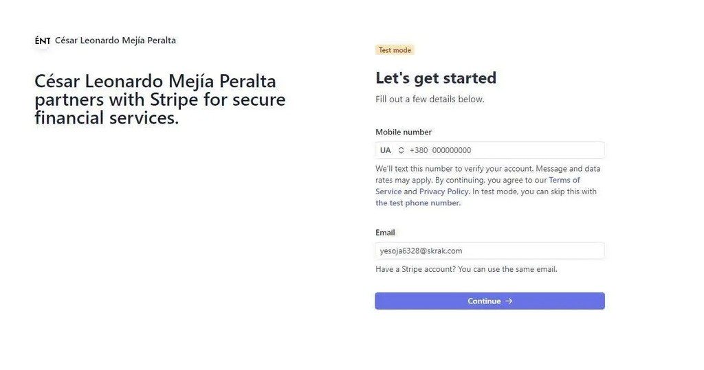open stripe account creation step two