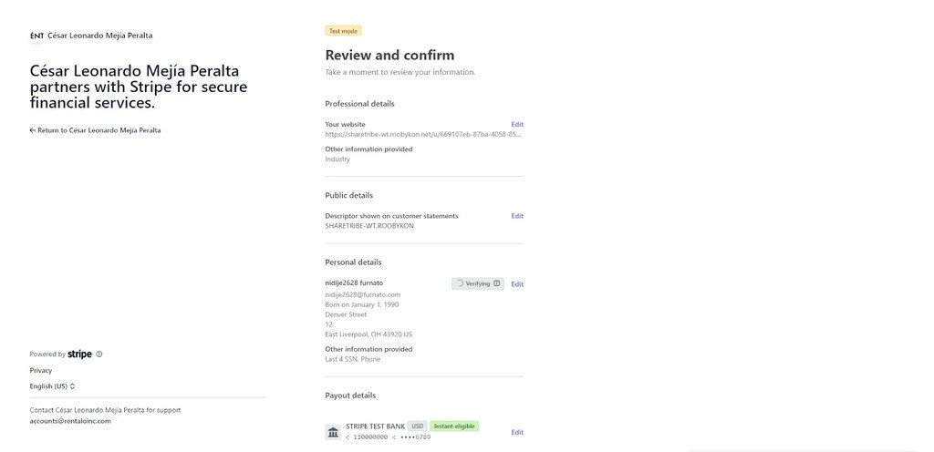 open stripe account step five review and confirm details