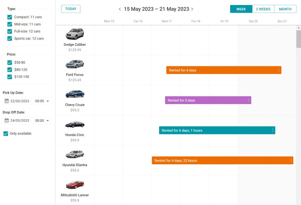 real time vehicle availability in a car rental booking system